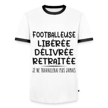 Footballer celebrates her retirement with humor cadea - Men's Ringer Shirt - white/black - Front - AI Model Female 172 light (172cm) & AI Model Male 178 dark (178cm)