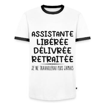 Assistentin feiert ihren Ruhestand mit humorvollem Geschenk - Männer Kontrast-T-Shirt - Weiß/Schwarz - Vorne - AI Model Female 172 light (172cm) & AI Model Male 178 dark (178cm)