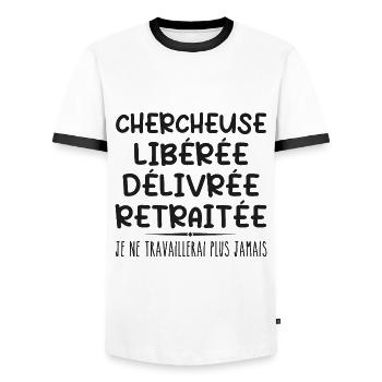 Researcher celebrates her retirement with humor gift - Men's Ringer Shirt - white/black - Front - AI Model Female 172 light (172cm) & AI Model Male 178 dark (178cm)