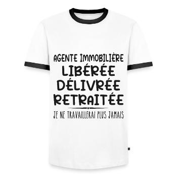 Agente immobilière célèbre sa retraite avec humour - T-shirt contrasté Homme - blanc/noir - Devant - AI Model Female 172 light (172cm) & AI Model Male 178 dark (178cm)