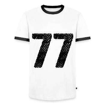 77 Zahl Trikot - Männer Kontrast-T-Shirt - Weiß/Schwarz - Vorne - AI Model Female 172 light (172cm) & AI Model Male 178 dark (178cm)