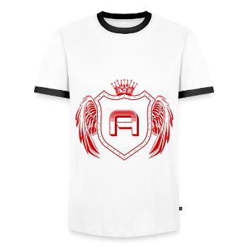 A letter Coat of arms - Men's Ringer Shirt - white/black - Front - AI Model Female 172 light (172cm) & AI Model Male 178 dark (178cm)