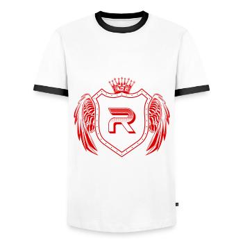 R Letter Coat of arms - Men's Ringer Shirt - white/black - Front - AI Model Female 172 light (172cm) & AI Model Male 178 dark (178cm)
