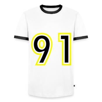 91 Number College - Men's Ringer Shirt - white/black - Front - AI Model Female 172 light (172cm) & AI Model Male 178 dark (178cm)
