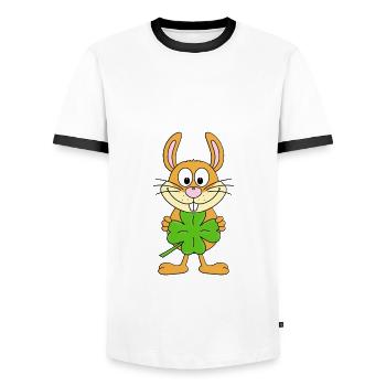 HASE - KANINCHEN - KLEEBLATT - TIER - Männer Kontrast-T-Shirt - Weiß/Schwarz - Vorne - AI Model Female 172 light (172cm) & AI Model Male 178 dark (178cm)