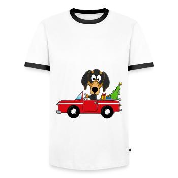 HUND - DACKEL - WEIHNACHTEN - AUTO - GESCHENKE - Männer Kontrast-T-Shirt - Weiß/Schwarz - Vorne - AI Model Female 172 light (172cm) & AI Model Male 178 dark (178cm)