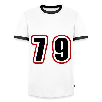 79 Number College - Men's Ringer Shirt - white/black - Front - AI Model Female 172 light (172cm) & AI Model Male 178 dark (178cm)