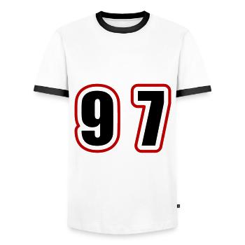 97 Number College - Men's Ringer Shirt - white/black - Front - AI Model Female 172 light (172cm) & AI Model Male 178 dark (178cm)