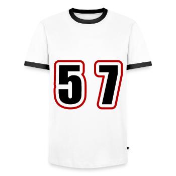 57 Number College - Men's Ringer Shirt - white/black - Front - AI Model Female 172 light (172cm) & AI Model Male 178 dark (178cm)