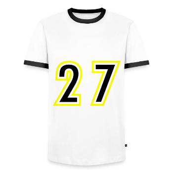 27 Number College - Men's Ringer Shirt - white/black - Front - AI Model Female 172 light (172cm) & AI Model Male 178 dark (178cm)