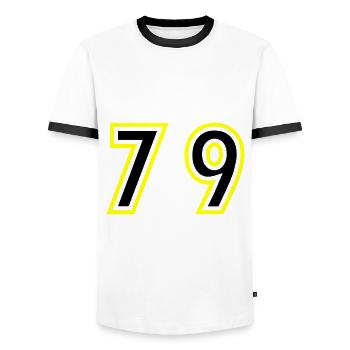 79 Number College - Men's Ringer Shirt - white/black - Front - AI Model Female 172 light (172cm) & AI Model Male 178 dark (178cm)