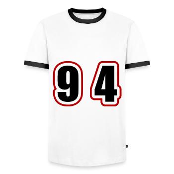 95 Number College - Men's Ringer Shirt - white/black - Front - AI Model Female 172 light (172cm) & AI Model Male 178 dark (178cm)