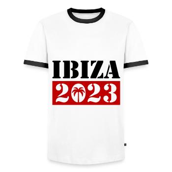 Ibiza 2023 - Männer Kontrast-T-Shirt - Weiß/Schwarz - Vorne - AI Model Female 172 light (172cm) & AI Model Male 178 dark (178cm)