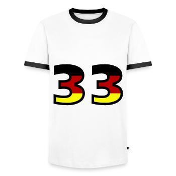 33 Zahl Deutschland Trikot - Männer Kontrast-T-Shirt - Weiß/Schwarz - Vorne - AI Model Female 172 light (172cm) & AI Model Male 178 dark (178cm)