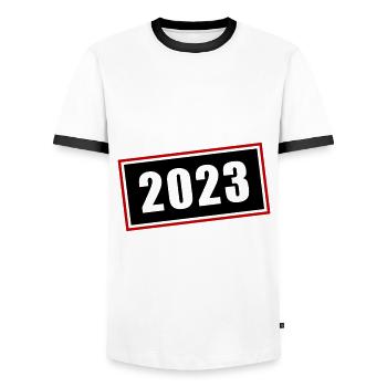2023 Symbol - Männer Kontrast-T-Shirt - Weiß/Schwarz - Vorne - AI Model Female 172 light (172cm) & AI Model Male 178 dark (178cm)