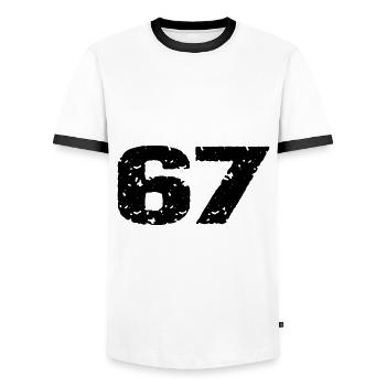 67 Zahl Trikot - Männer Kontrast-T-Shirt - Weiß/Schwarz - Vorne - AI Model Female 172 light (172cm) & AI Model Male 178 dark (178cm)