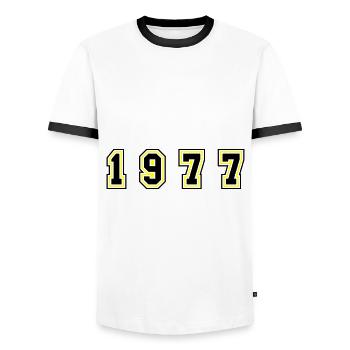 1977 Jahr Zahl - Männer Kontrast-T-Shirt - Weiß/Schwarz - Vorne - AI Model Female 172 light (172cm) & AI Model Male 178 dark (178cm)