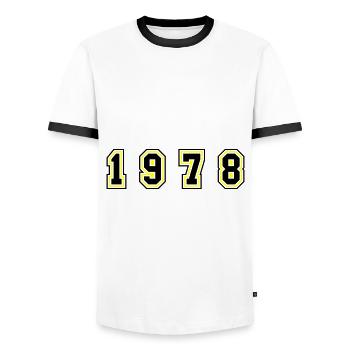 Numéro de l’année 1978 - T-shirt contrasté Homme - blanc/noir - Devant - AI Model Female 172 light (172cm) & AI Model Male 178 dark (178cm)
