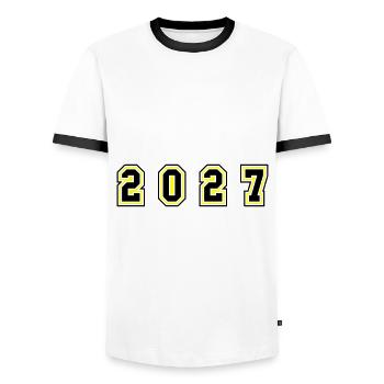 2027 year number - Men's Ringer Shirt - white/black - Front - AI Model Female 172 light (172cm) & AI Model Male 178 dark (178cm)