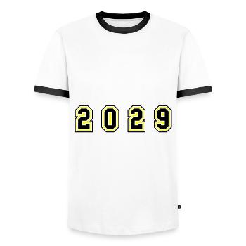 2029 Year Number - Men's Ringer Shirt - white/black - Front - AI Model Female 172 light (172cm) & AI Model Male 178 dark (178cm)