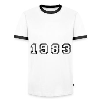 Numéro de l’année 1983 - T-shirt contrasté Homme - blanc/noir - Devant - AI Model Female 172 light (172cm) & AI Model Male 178 dark (178cm)