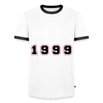 Numéro de l’année 1999 - T-shirt contrasté Homme - blanc/noir - Devant - AI Model Female 172 light (172cm) & AI Model Male 178 dark (178cm)