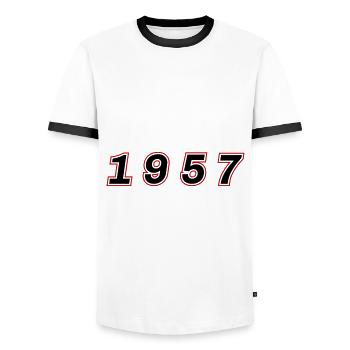 1957 Year Number - Men's Ringer Shirt - white/black - Front - AI Model Female 172 light (172cm) & AI Model Male 178 dark (178cm)