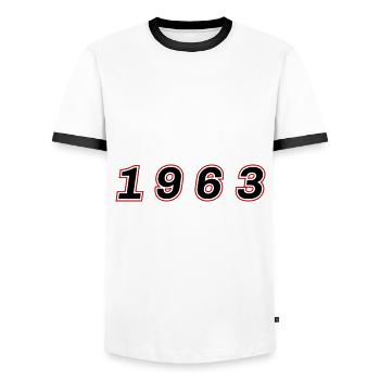 Numéro de l’année 1963 - T-shirt contrasté Homme - blanc/noir - Devant - AI Model Female 172 light (172cm) & AI Model Male 178 dark (178cm)