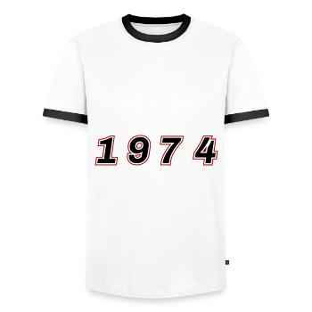 Numéro de l’année 1974 - T-shirt contrasté Homme - blanc/noir - Devant - AI Model Female 172 light (172cm) & AI Model Male 178 dark (178cm)
