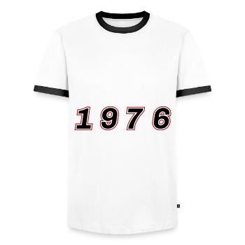 Numéro de l’année 1976 - T-shirt contrasté Homme - blanc/noir - Devant - AI Model Female 172 light (172cm) & AI Model Male 178 dark (178cm)