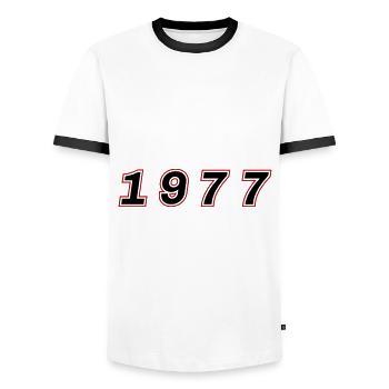 1977 Jahr Zahl - Männer Kontrast-T-Shirt - Weiß/Schwarz - Vorne - AI Model Female 172 light (172cm) & AI Model Male 178 dark (178cm)