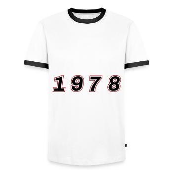 Numéro de l’année 1978 - T-shirt contrasté Homme - blanc/noir - Devant - AI Model Female 172 light (172cm) & AI Model Male 178 dark (178cm)