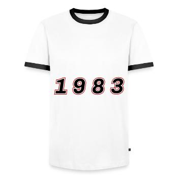 Numéro de l’année 1983 - T-shirt contrasté Homme - blanc/noir - Devant - AI Model Female 172 light (172cm) & AI Model Male 178 dark (178cm)