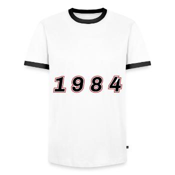 Numéro de l’année 1984 - T-shirt contrasté Homme - blanc/noir - Devant - AI Model Female 172 light (172cm) & AI Model Male 178 dark (178cm)