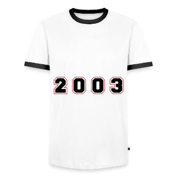 2003 Year Number - Men's Ringer Shirt - white/black - Front - AI Model Female 172 light (172cm) & AI Model Male 178 dark (178cm)