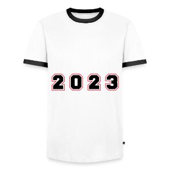 2023 year number - Men's Ringer Shirt - white/black - Front - AI Model Female 172 light (172cm) & AI Model Male 178 dark (178cm)
