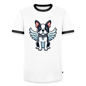 Cute Boston Terrier Angel in Comic Style - Men's Ringer Shirt - white/black - Front - AI Model Female 172 light (172cm) & AI Model Male 178 dark (178cm)
