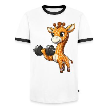 Giraffe beim Bankdrücken Workout - Männer Kontrast-T-Shirt - Weiß/Schwarz - Vorne - AI Model Female 172 light (172cm) & AI Model Male 178 dark (178cm)