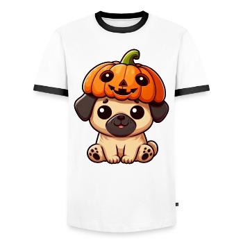 Cute Halloween Pumpkin Pug Dog Cartoon October - Men's Ringer Shirt - white/black - Front - AI Model Female 172 light (172cm) & AI Model Male 178 dark (178cm)