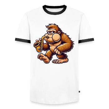 Bigfoot Saxophone Jazz Cartoon Thick Cheeks - Men's Ringer Shirt - white/black - Front - AI Model Female 172 light (172cm) & AI Model Male 178 dark (178cm)
