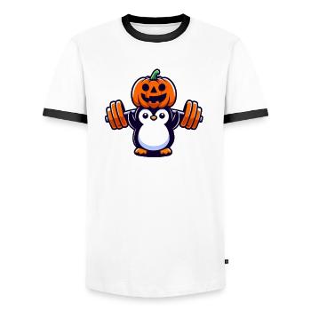 Halloween Penguin Pumpkin Workout Whimsical - Men's Ringer Shirt - white/black - Front - AI Model Female 172 light (172cm) & AI Model Male 178 dark (178cm)
