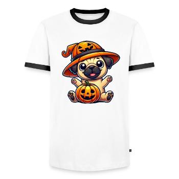 Halloween Dog Pug Pumpkin Hat Whimsical - Men's Ringer Shirt - white/black - Front - AI Model Female 172 light (172cm) & AI Model Male 178 dark (178cm)
