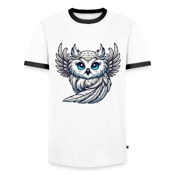 Mignon harfang des neiges aux yeux bleus ailes d’ange - T-shirt contrasté Homme - blanc/noir - Devant - AI Model Female 172 light (172cm) & AI Model Male 178 dark (178cm)