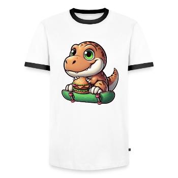 T-Rex Dinosaur Skateboard Cheeseburger Fun - Men's Ringer Shirt - white/black - Front - AI Model Female 172 light (172cm) & AI Model Male 178 dark (178cm)