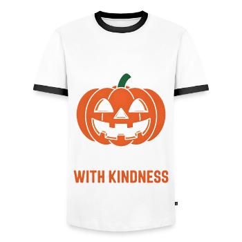 Treat People with Kindness! Pumpkin Halloween - Men's Ringer Shirt - white/black - Front - AI Model Female 172 light (172cm) & AI Model Male 178 dark (178cm)