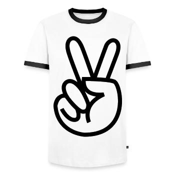 Paix, signe de paix, main avec deux doigts vers le haut # - T-shirt contrasté Homme - blanc/noir - Devant - AI Model Female 172 light (172cm) & AI Model Male 178 dark (178cm)
