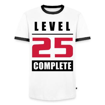 Level 25 - Complete - Men's Ringer Shirt - white/black - Front - AI Model Female 172 light (172cm) & AI Model Male 178 dark (178cm)