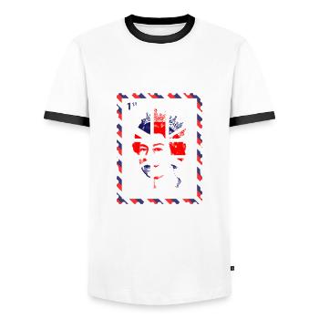 Union Jack Stamp | UK Flag | Queen Lizzy - Men's Ringer Shirt - white/black - Front - AI Model Female 172 light (172cm) & AI Model Male 178 dark (178cm)