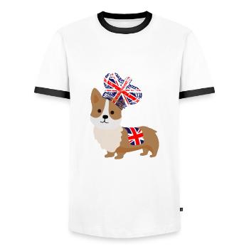 The Queens Platinum Jubilee Corgi Emoji - Men's Ringer Shirt - white/black - Front - AI Model Female 172 light (172cm) & AI Model Male 178 dark (178cm)