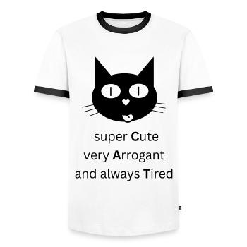 CAT - super Cute, very Arrogant and always Tired - Männer Kontrast-T-Shirt - Weiß/Schwarz - Vorne - AI Model Female 172 light (172cm) & AI Model Male 178 dark (178cm)